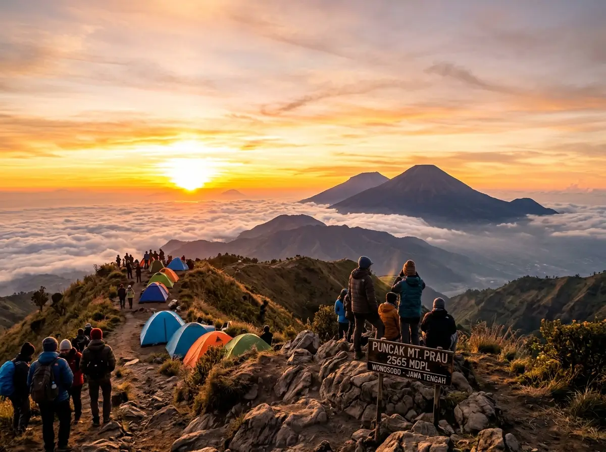 Pemandangan Golden Sunrise magis di puncak Gunung Prau Dieng Wonosobo